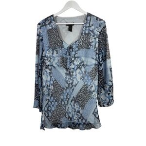 Donna Cody Woman Blue Floral Patchwork 100% Silk Lace Up‎ V-Neck Blouse Top 1X